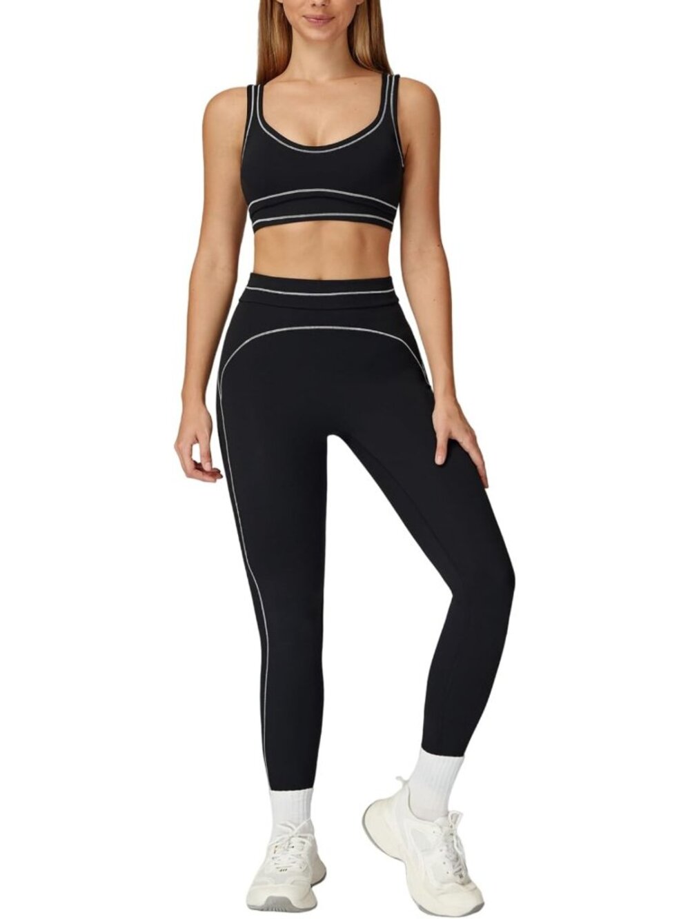 Color Block Sports Bra & High Waist Tummy Control Leggings Set for Yoga